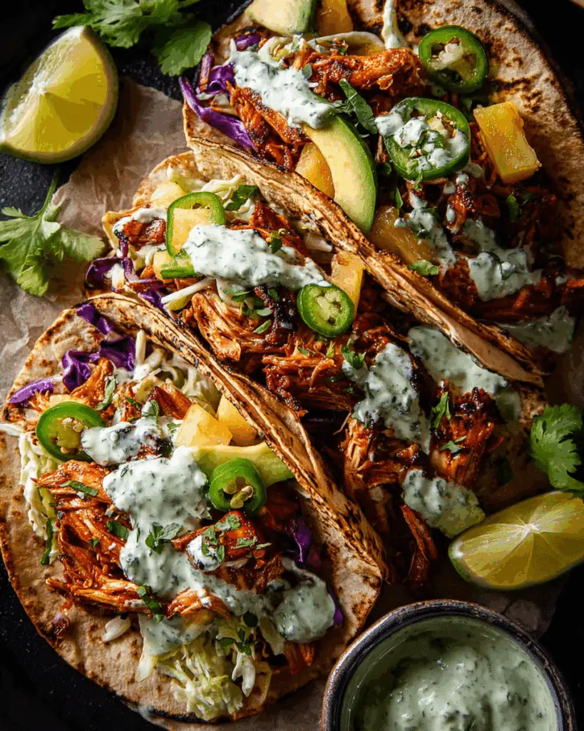 Spicy Pineapple Chicken Tacos with Jalapeño Basil Ranch